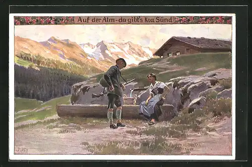 Künstler-AK Paul Hey: Volksliederkarte Nr. 90: Auf der Alm da gibt`s koa Sünd, Jäger und Frau am Brunnen