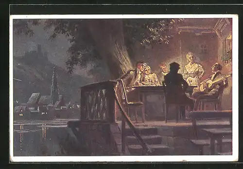 Künstler-AK Paul Hey: Volksliederkarte Nr. 32: An den Rhein..., Abendgesellschaft am Tisch