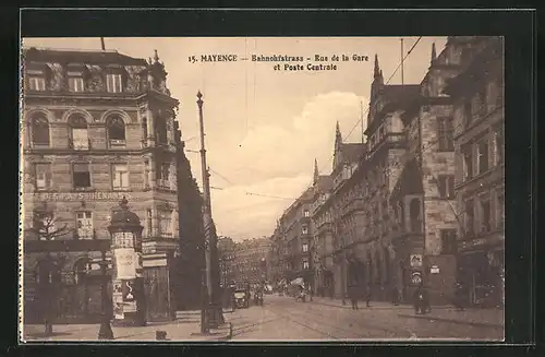 AK Mayence, Bahnhofstrasse mit Geschäft und Litfasssäule