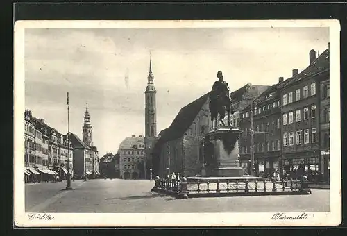 AK Görlitz, Obermarkt mit Denkmal