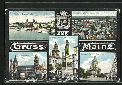 AK Mainz, Rheinansicht mit Stadthalle und Dom, Totalansicht vom Stephansturm, Christuskirche mit Kaiserstrasse