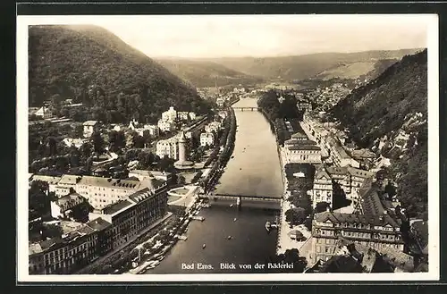 AK Bad Ems, Blick von der Bäderlei auf den Ort mit Brücke