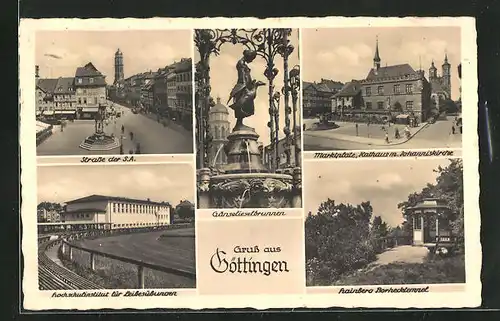 AK Göttingen, Strasse der S. A. mit Geschäften und Brunnen, Marktplatz und Rathaus mit Johanniskirche, Gänselieselbrunnen