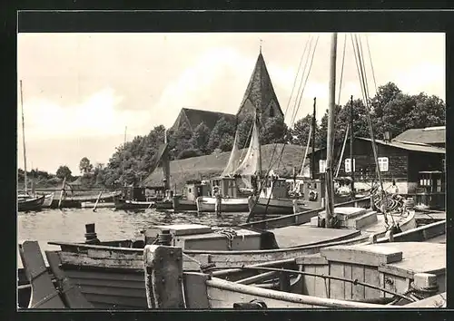 AK Insel Poel, Hafen mit Schiffe und Kirche