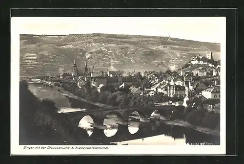 AK Bingen, Drususbrücke mit Niederwalddenkmal, Ortsansicht