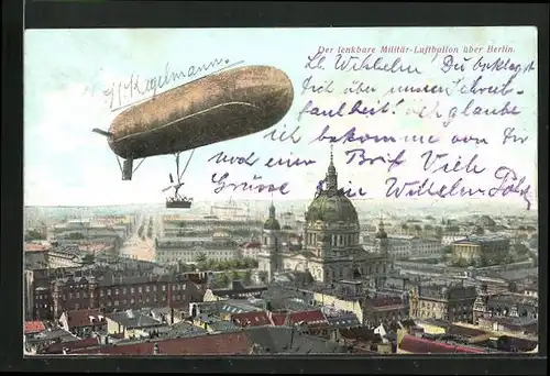 AK Berlin, Lenkbare Militär-Luftballon über der Stadt