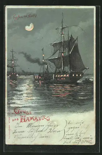 Mondschein-Lithographie Hamburg, Hafen, Halt gegen das Licht: Schiffe mit beleuchteten Bullaugen