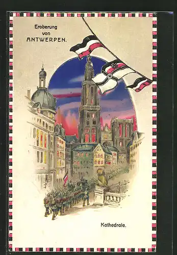 AK Antwerpen, Deutsche Truppen erobern die Stadt, Halt gegen das Licht: Kathedrale in Flammen