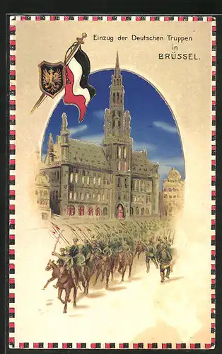 AK Brüssel, Deutsche Truppen am Rathaus, Halt gegen das Licht