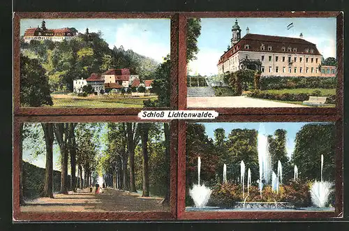 AK Lichtenwalde, Schloss, Alleestrasse, Brunnen, Teilansicht