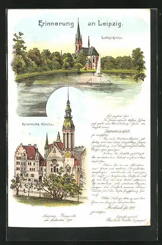 Lithographie Leipzig, Lutherkirche und Reformirte Kirche