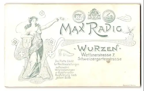 Fotografie Max Radig, Wurzen, Wetlinerstr. 7, rück. junge Frau mit Wappen, Jugendstil, vord. Portrait junger Mann