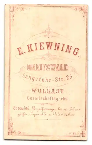 Fotografie E. Kiewning, Greifswald, Langefuhr-Str. 25, Portrait Frau im Biedermeierkleid sitzt auf einem Sessel