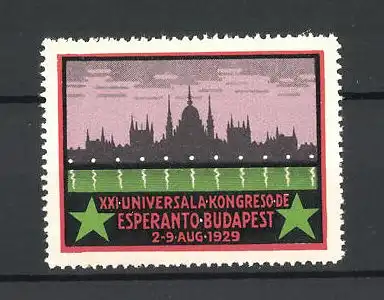 Reklamemarke Budapest, XXI. Universala Kongreso de Esperanto1929, Stadtsilhouette und Sterne