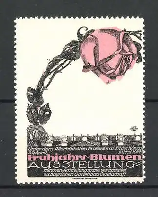 Künstler-Reklamemarke Otto Ottler, München, Frühjahrs-Blumen-Ausstellung 1914, rosa farbene Rose ragt über die Stadt
