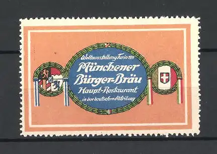 Reklamemarke Turin, Weltausstellung 1911, Reklame für das Münchener Bürger-Bräu, Wappen