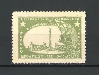 Reklamemarke Budapest, Esperantista Postkongreso 1921, Ritter mit Flagge, Stadtplatz mit Denkmal