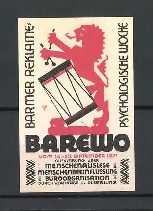 Reklamemarke Barmen, Reklame & Psychologische Woche BAREWO 1927, Messelogo trommelnder Löwe