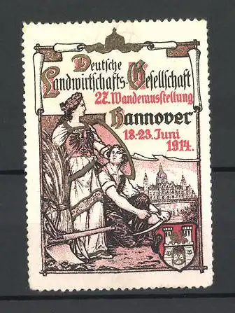 Reklamemarke Hannover, 27. Wanderausstellung der Deutschen Landwirtschafts-Gesellschaft 1914, Göttin mit Bauer