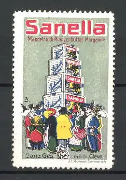 Reklamemarke Sanella Mandelmilch-Pflanzenbuttr-Margarine, Sana Gesellschaft Cleve, Passanten vor einem Turm