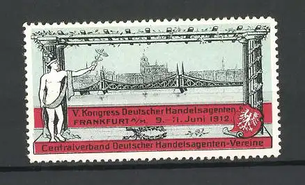 Reklamemarke Frankfurt / Main, V. Kongress Deutscher Handelsagenten 1912, Hermes, Wappen und Stadtansicht