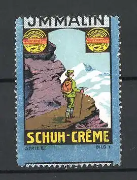 Reklamemarke Immalin Schuh-Creme, Bergsteiger und Dosen Schuhcreme, Serie VII., Bild 1
