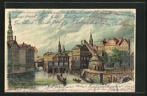 Lithographie Hamburg, Grosser Brand 1842, Halt gegen das Licht: Lodernde Flammen über der Stadt
