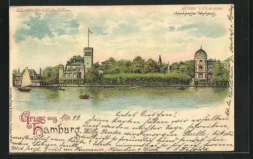 Lithographie Hamburg, Uhlenhorster Fährhaus, Halt gegen das Licht: Bei Nacht