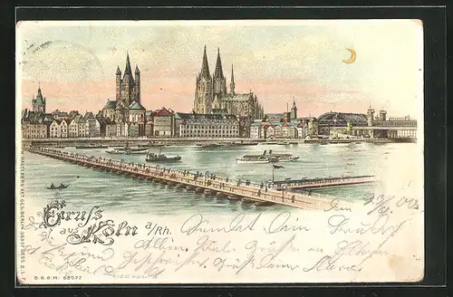 Lithographie Köln, Flusspartie mit Dom, Halt gegen das Licht: Stadt im Mondesschein