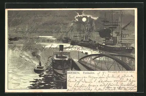 Lithographie Bremen, Freihafen, Halt gegen das Licht: Strahlender Vollmond