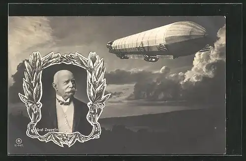 AK Luftschiff von Graf Zeppelin in der Luft, Porträtbild von Graf Zeppelin