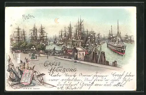 Lithographie Hamburg, Hafen mit Schiffe, Halt gegen das Licht: Licht fängt an zu Leuchten