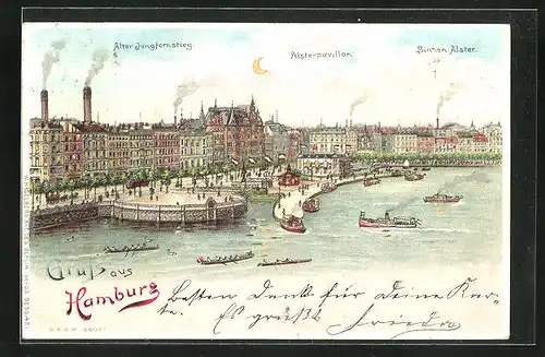 Lithographie Hamburg, Alter Jungfernstieg mit Binnen-Alster, Halt gegen das Licht: Lichter gehen an