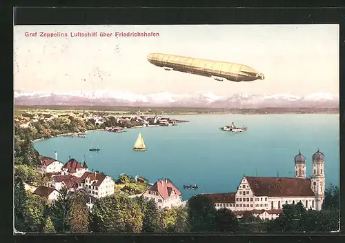 AK Friedrichshafen, Graf Zeppelins Luftschiff über der Stadt