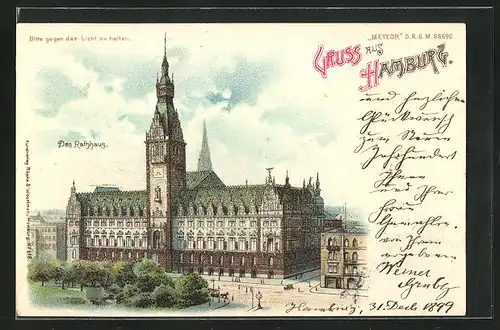 Lithographie Hamburg, Das Rathaus, Halt gegen das Licht