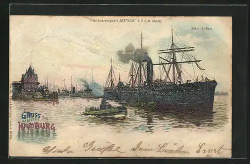 Lithographie Hamburg, Der Hafen mit Dampfer, Halt gegen das Licht
