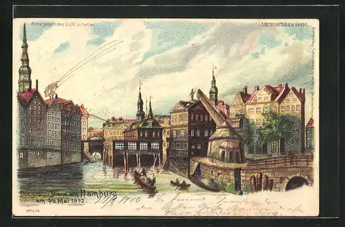 Lithographie Hamburg, Der grosse Brand 1842, Ortspartie und Boote, Halt gegen das Licht