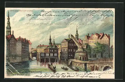Lithographie Hamburg, Der grosse Brand 1842, Ortspartie und Boote, Halt gegen das Licht