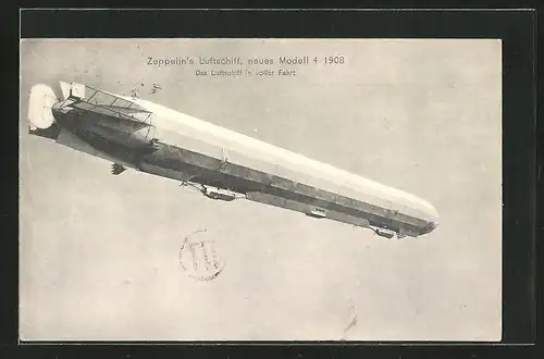 AK Zeppelin`s Luftschiff, Neues Modell 4 1908, Das Luftschiff in voller Fahrt