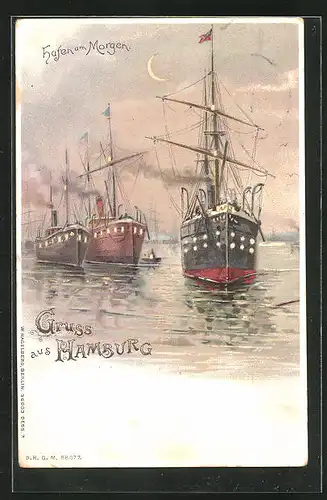 Lithographie Hamburg, Hafen mit Schiffen am Morgen, Halt gegen das Licht