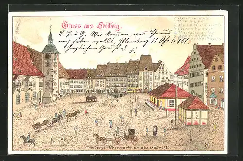 Lithographie Freiberg, Obermarkt um das Jahr 1790