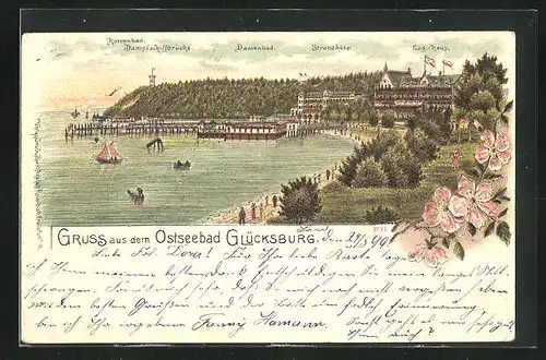 Lithographie Glücksburg, Strandhotel mit Damenbad und Dampfschiffbrücke