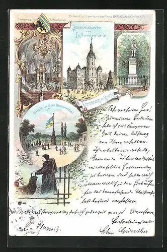Lithographie Leipzig, Johanniskirche und Lutherdenkmal, Rosenthal