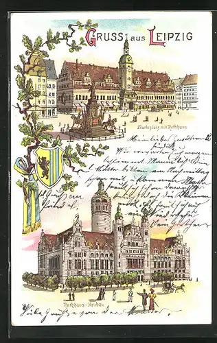 Lithographie Leipzig, Marktplatz mit Rathaus, neues Rathaus