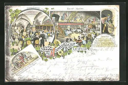 Vorläufer-Lithographie Leipzig, 1893, Gasthaus Auerbachs Keller, Faust-Keller, Goethe-Zimmer