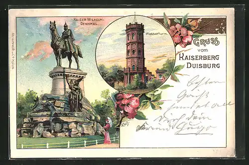 Lithographie Duisburg, Kaiserberg, Wasserturm, Kaiser Wilhelm-Denkmal