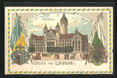 Lithographie Leipzig, Neues Rathaus, Fahnen und Wappen der Stadt und Sachsens