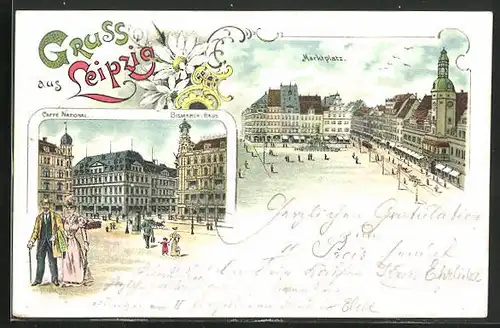 Lithographie Leipzig, Cafe National und Bismarck-Haus, Marktplatz