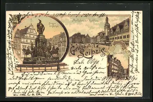 Lithographie Leipzig, Grimmaische Strasse, Marktplatz mit Rathaus