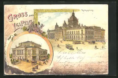 Lithographie Leipzig, Concerthaus, Strassenbahnen vorm Reichsgericht